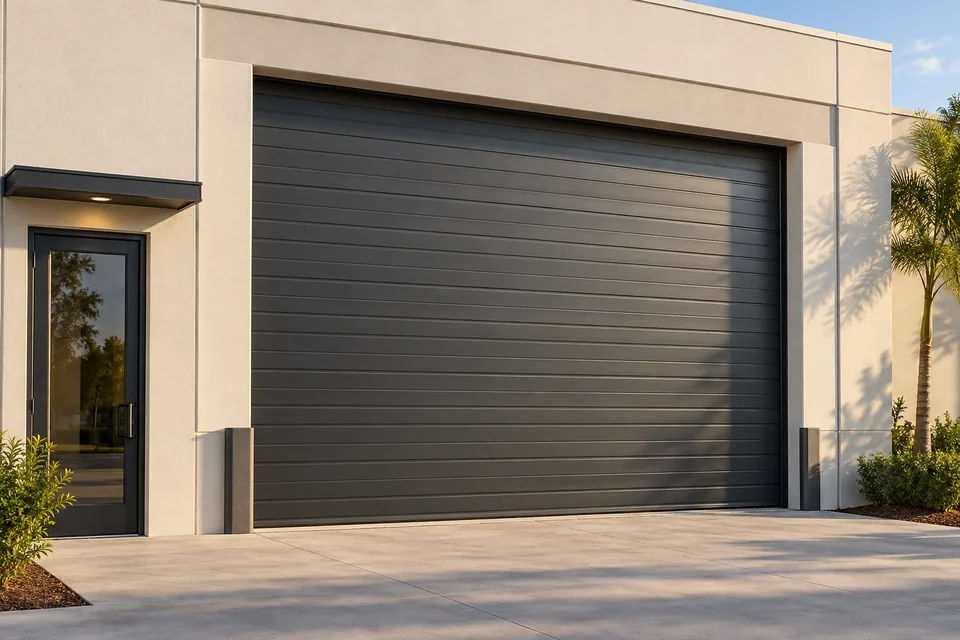 Small commercial building with a charcoal overhead door