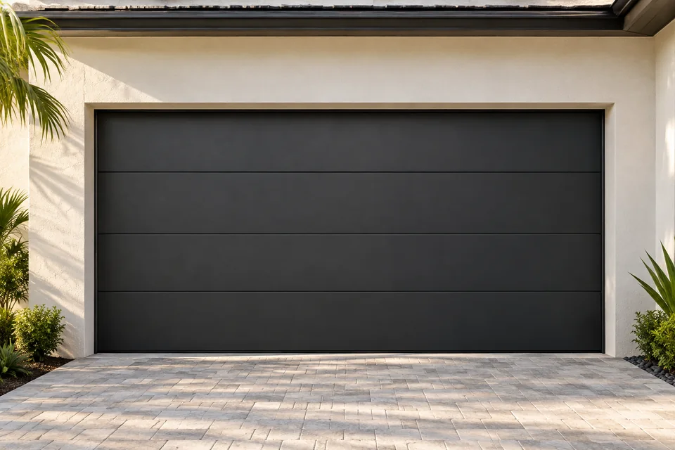 Charcoal modern garage door on a light stucco home