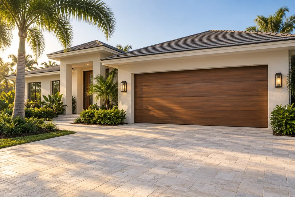 Florida home with a wood-look sectional garage door